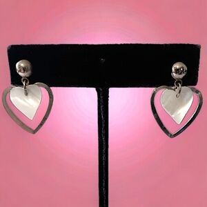 Dainty Mother of Pearl Heart Earrings Silver Tone Romantic Drop Dangle Pearlcore